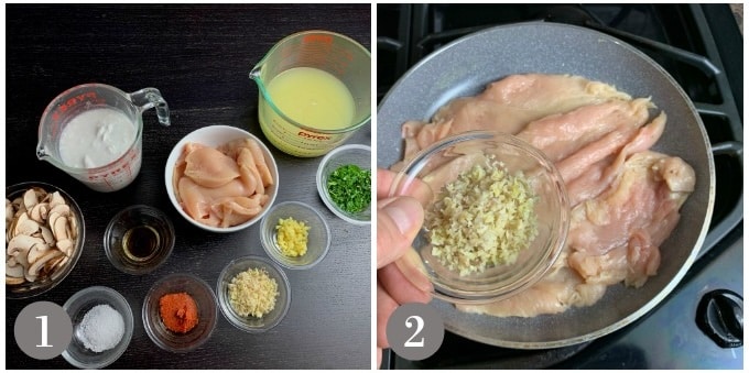 A photo of the ingredients to cook the chicken for Thai coconut soup and cooking in a pan.