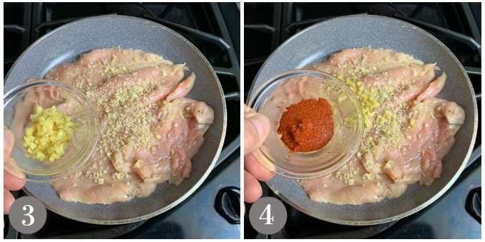 A photo showing adding the lemongrass and curry paste to the chicken in a pan.