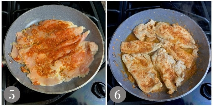 A photo showing the chicken cooking in a pan simmering.