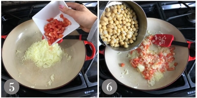 A photo showing tomatoes being added skillet and then garbanzo beans.