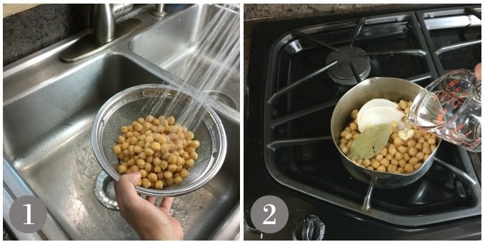 A photo of rinsing garbanzo beans and then adding to a pot for simmering.