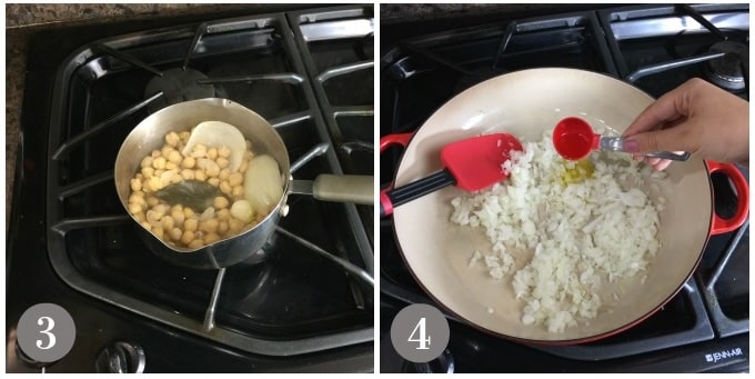 Photos of garbanzo beans simmering and onions in a skillet.