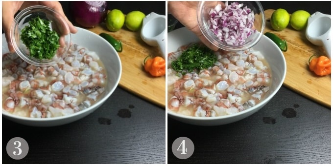 A photo showing adding cilantro and red onion to shrimp ceviche.