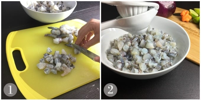 A photo of shrimp being sliced and lime juice added to a bowl.