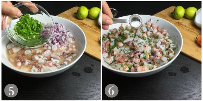 A photo showing adding diced jalapeño and salt to shrimp ceviche.