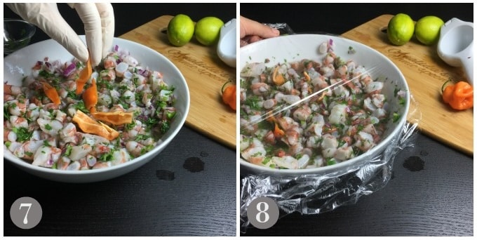 A photo showing adding habanero and covering the ceviche to marinate.