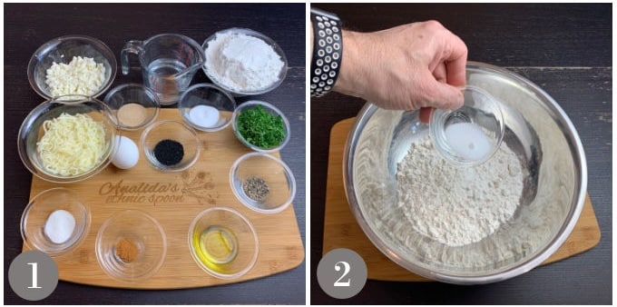 A photo showing ingredients to make Lebanese fatayer and salt being added to flour.