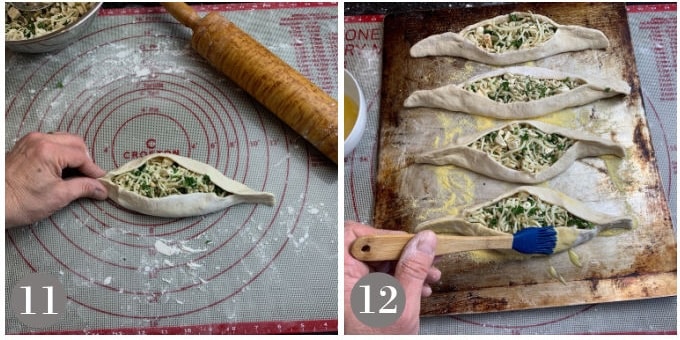 A photo showing crimping the ends of the fatayer and then brushing with the egg wash.