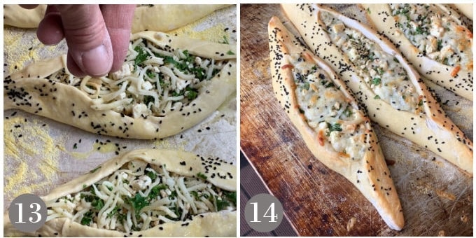 A photo showing sprinkling nigella seeds and then baking the fatayer.