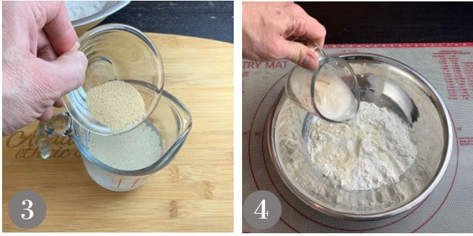 A photo showing yeast being added to water and then being added to flour.