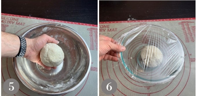 A photo showing the dough ball once kneaded and then resting covered in a bowl.