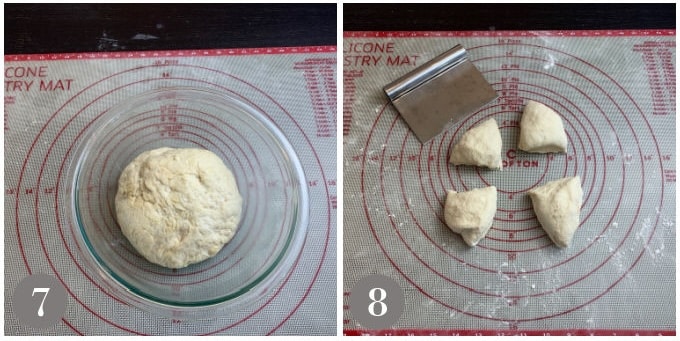 A photo showing the risen dough and then separating into four pieces.