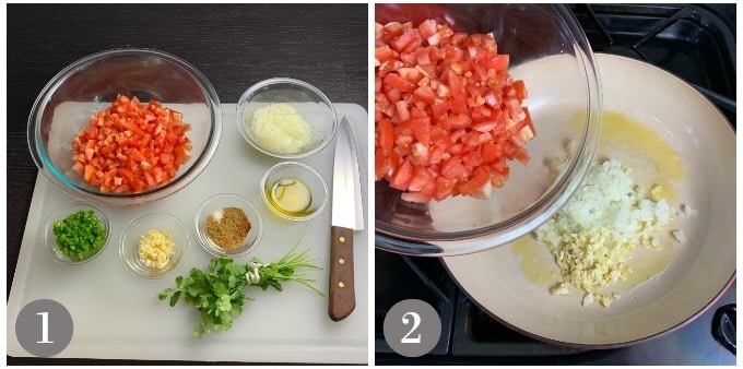 A photo of sofrito ingredients and adding them to a pan.