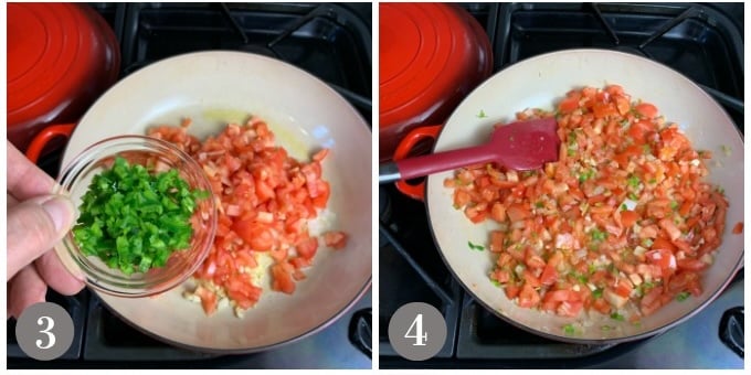 A photo of adding jalapeño to a pan and stirring.