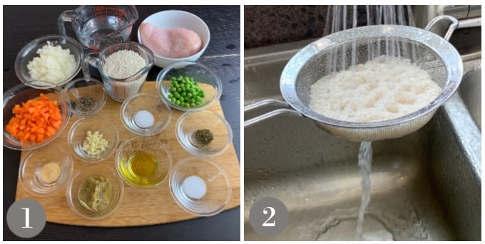 A photo showing ingredients to make arroz con pollo and rinsing rice.