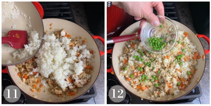 A photo showing adding the rice and then the peas to the pan.