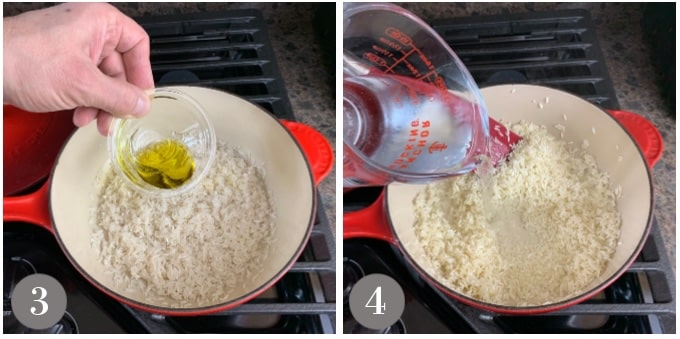 A photo showing adding rice to a pan then adding water.