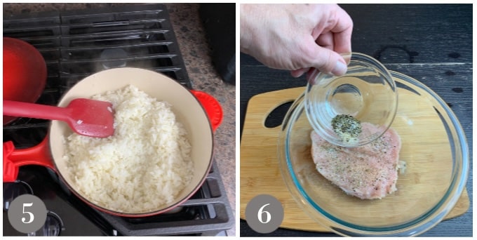A photo showing rice being cooked and seasoning the chicken.