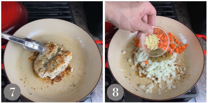 A photo showing the fully cooked chicken and then adding the vegetables to the pan.