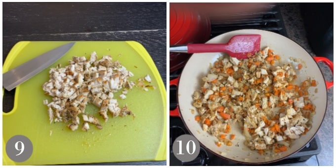 A photo showing the chopped cooked chicken and then adding to the pan.