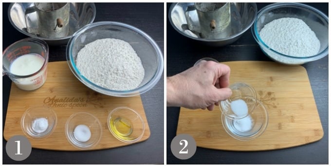 A photo of the ingredients for Irish soda bread and mixing the salt and soda.