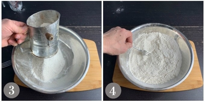 A photo of flour being sifted and dry ingredients added.