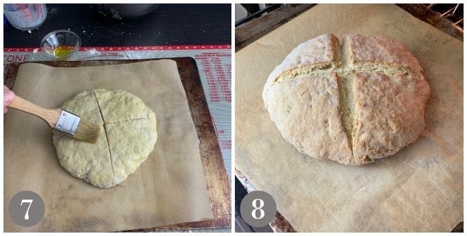 A photo of the loaf with slits and brushing with oil and the baked loaf.