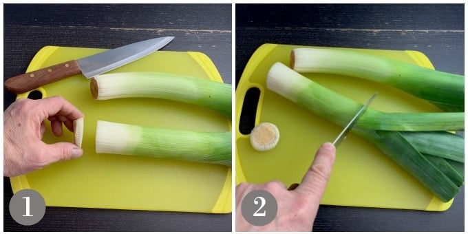 A photo showing how to cut a leek's ends for cleaning.