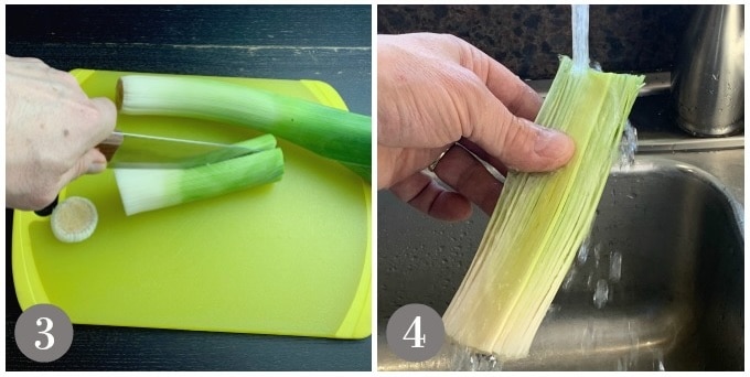 A photo showing cutting a leek down the middle and then rinsing.