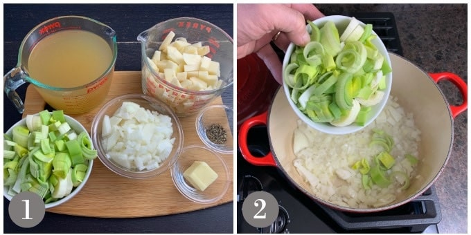 A photo showing the ingredients and simmering the onions and leeks in a soup pot.