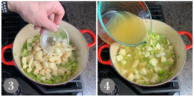 A photo showing adding pepper and broth.