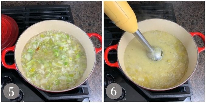A photo showing the fully cooked Irish potato leek soup and then blending with a stick blender.