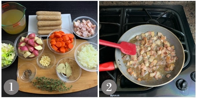 A photo showing the ingredients of Dublin coddle and cooking the bacon first.