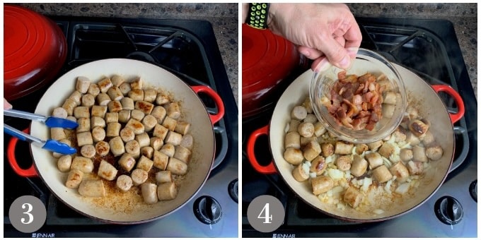 A photo showing browning the sausages and adding the onion, garlic and bacon.