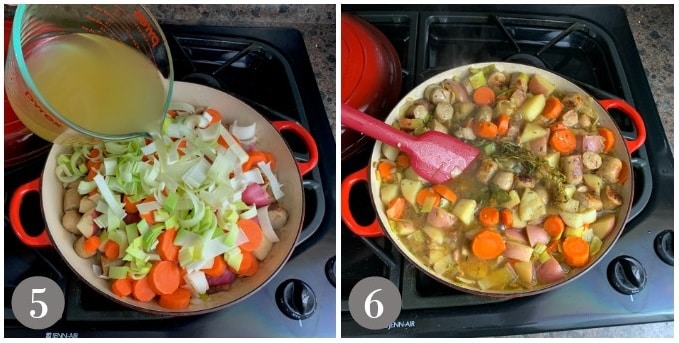 A photo showing adding the vegetable and broth then simmering.