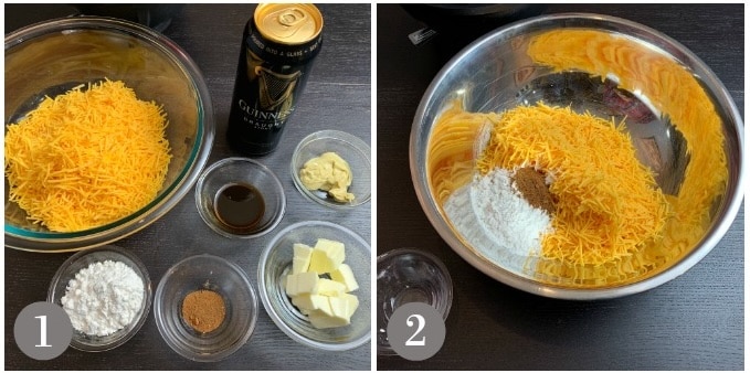 A photo of the ingredients to make Guinness cheddar fondue and mixing the dry ones in a bowl.