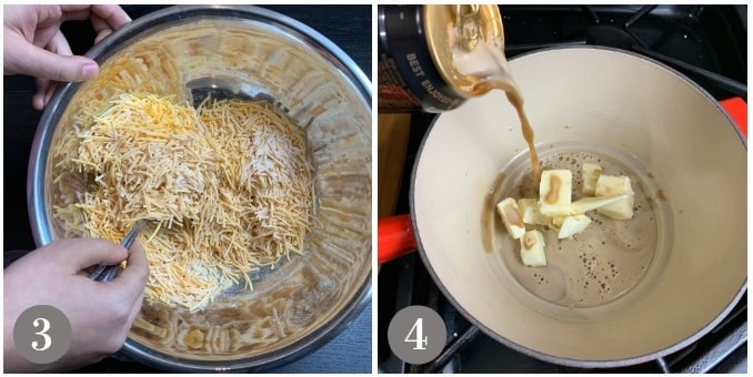A photo showing coating cheddar cheese with flour and spices and then melting butter and Guinness in a pot.