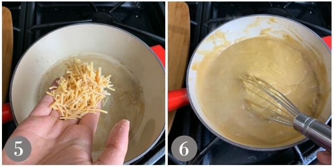 A photo showing adding cheese to the pot and the final melted cheese.