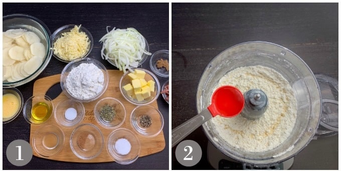 A photo of ingredients to make potato bacon gruyere tart.