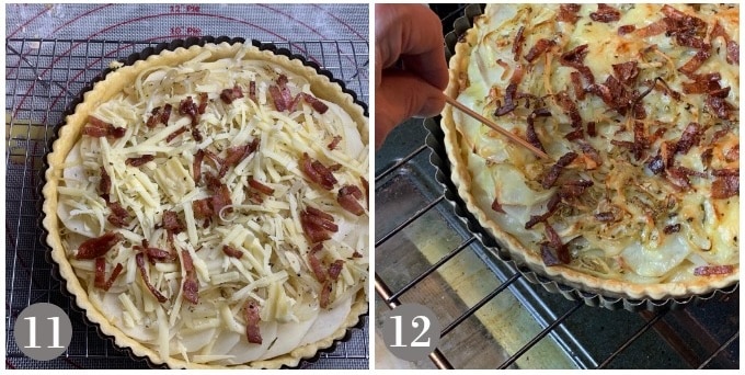 A photo showing adding the bacon and cheese and the final baked tart.