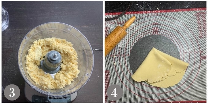 A photo of crust being made in the food processor and rolling out the dough.