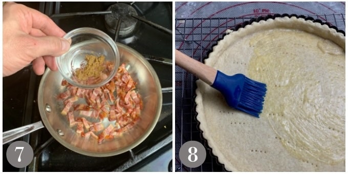 A photo of the bacon cooking and the blind baked shell being brushed with beaten egg.