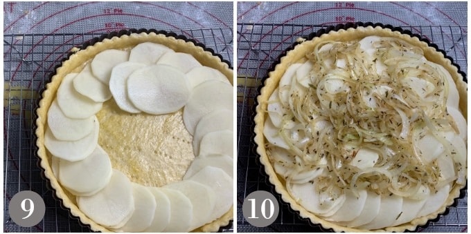 A photo showing adding layers of potato slices and the cooked onions.