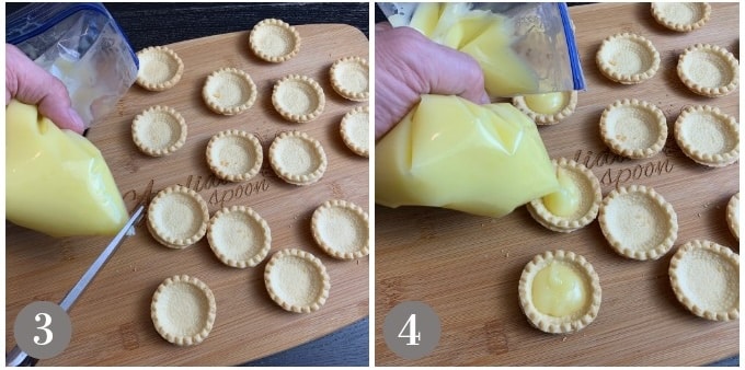 A photo showing adding lemon curd to mini tart shells.