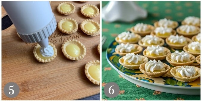 A photo showing piping whipped cream and the finished mini lemon tarts.