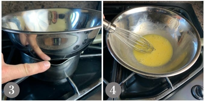 A photo showing an improvised double boiler and beaten egg.