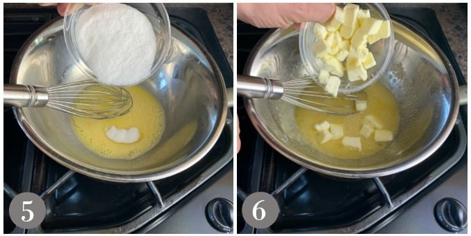 A photo showing adding sugar and butter to double boiler.