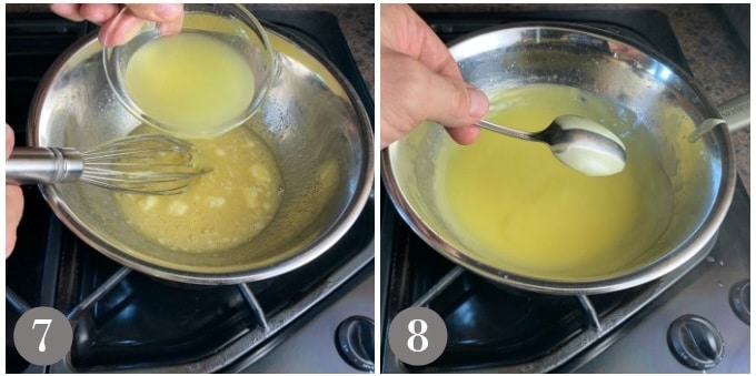 A photo showing adding lemon juice and thickened lemon curd.