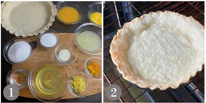 A photo of the ingredient to make orange and lemon pie and the blind baked crust.
