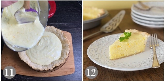 A photo of adding the filling to the crust and a finished slice of pie.
